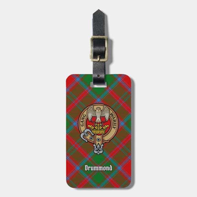 Clan Drummond Crest over Tartan Luggage Tag (Front Vertical)
