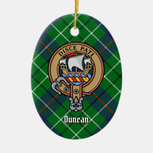 Clan Duncan Crest over Tartan Ceramic Tree Decoration (Front)