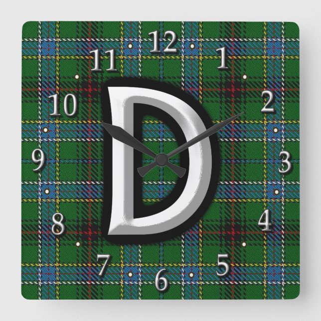 Clan Duncan Letter D Monogram Tartan Square Wall Clock (Front)
