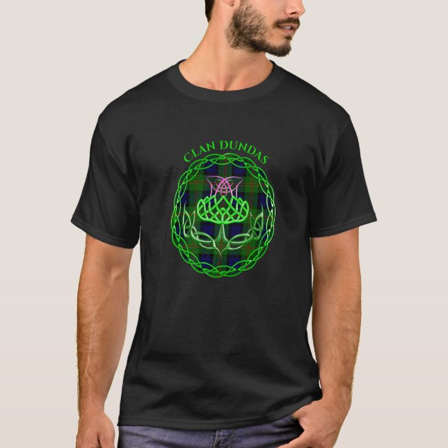 Clan Dundas Scottish Tartan Celtic Thistle T-Shirt (Front)