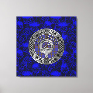 Clan Eliott Crest & Tartan Knot on Thistle Canvas Print