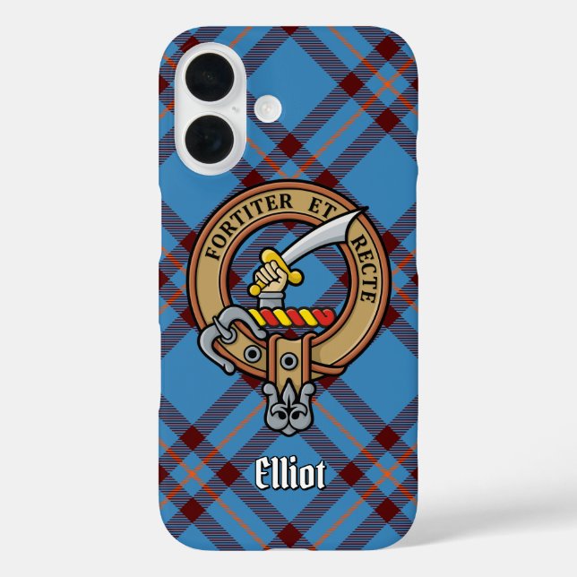 Clan Elliot Crest over Ancient Tartan iPhone Case (Back)