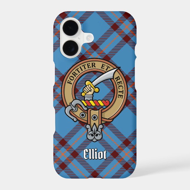 Clan Elliot Crest over Ancient Tartan iPhone Case (Back)