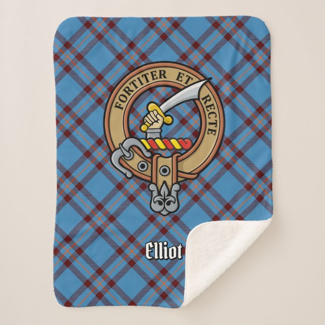 Clan Elliot Crest over Ancient Tartan Sherpa Blanket (Front)