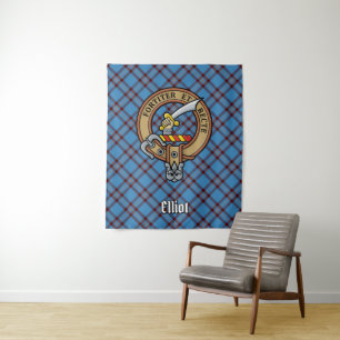 Clan Elliot Crest over Ancient Tartan Tapestry