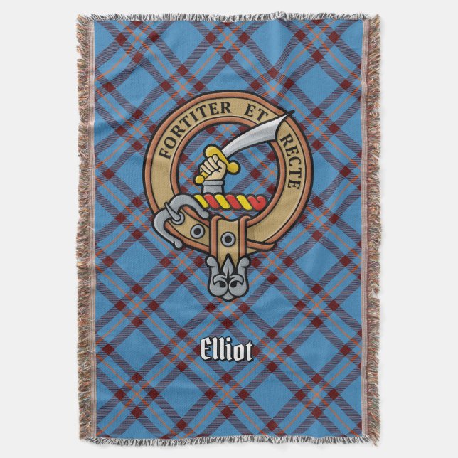 Clan Elliot Crest over Ancient Tartan Throw Blanket (Front Vertical)