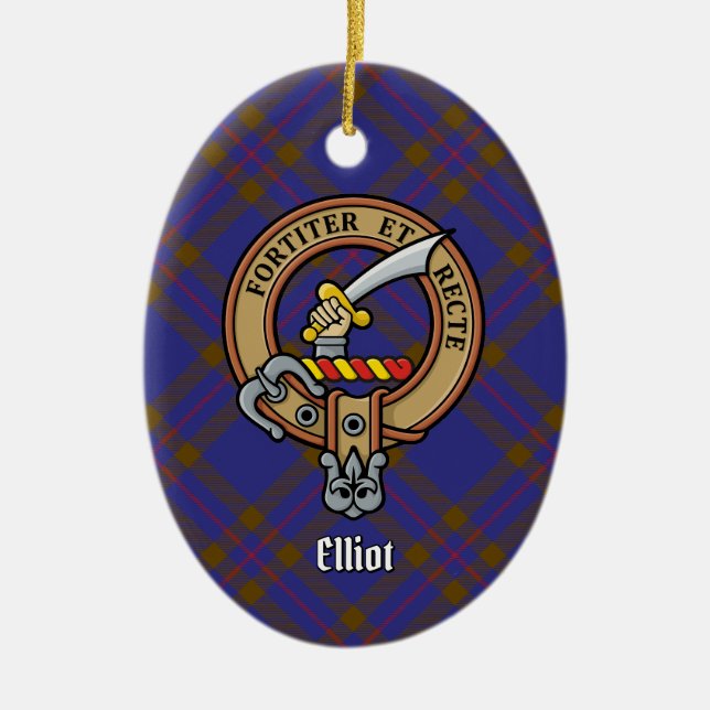 Clan Elliot Crest over Modern Tartan Ceramic Tree Decoration (Front)
