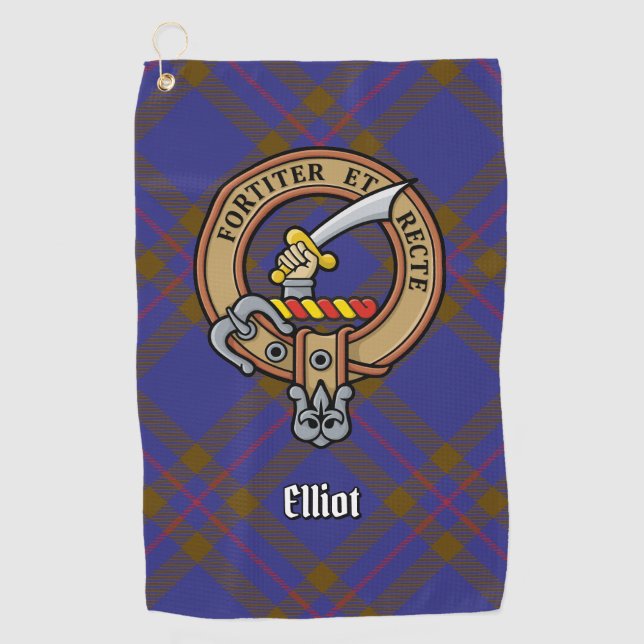 Clan Elliot Crest over Modern Tartan Golf Towel (Front)