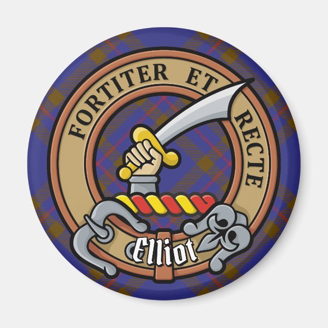 Clan Elliot Crest over Modern Tartan Magnet (Front)
