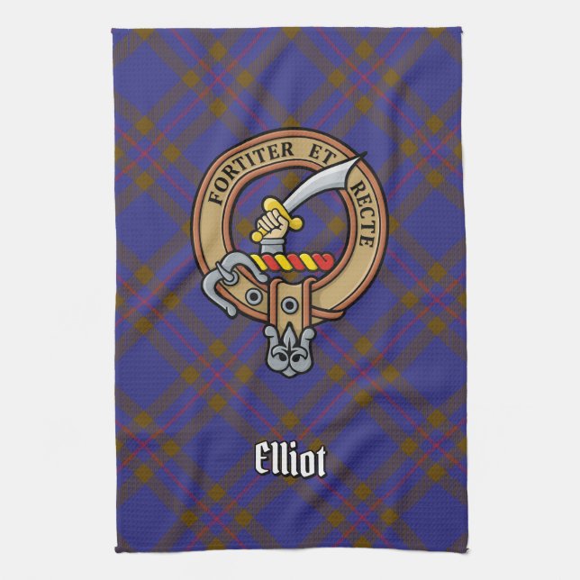 Clan Elliot Crest over Modern Tartan Tea Towel (Vertical)