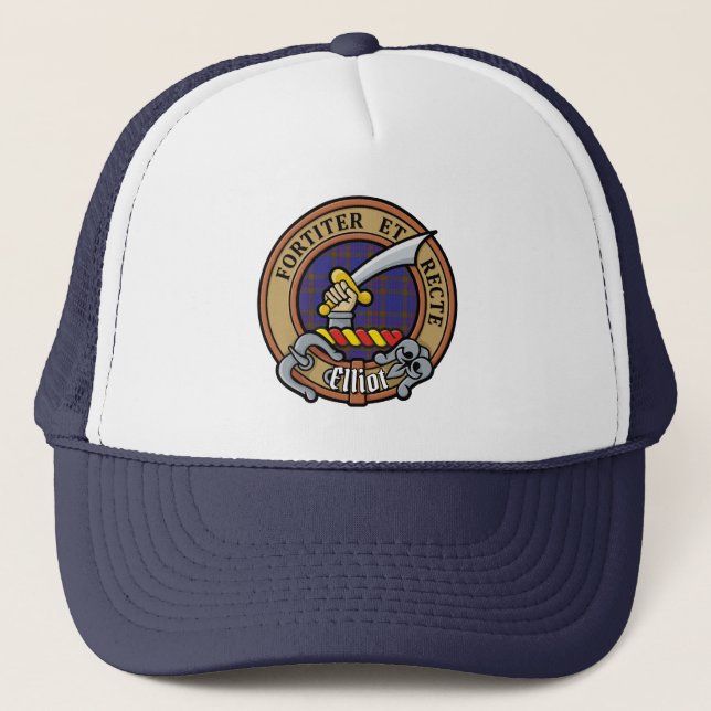 Clan Elliot Crest over Modern Tartan Trucker Hat (Front)