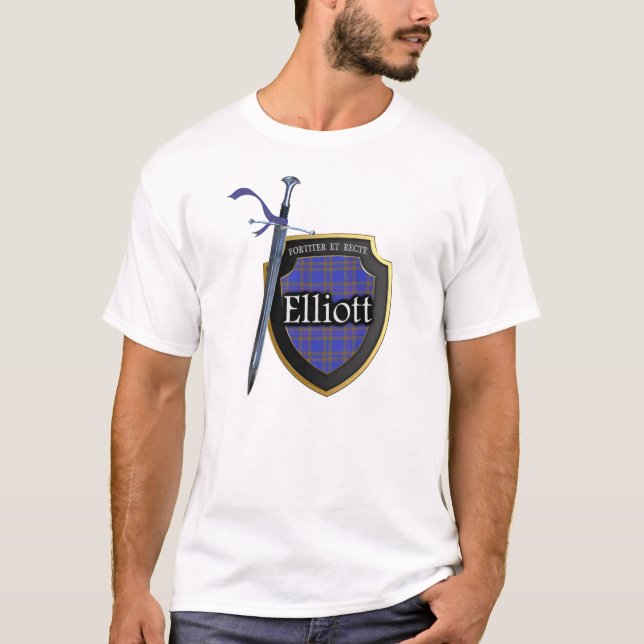 Clan Elliott Tartan Scottish Shield & Sword T-Shirt (Front)