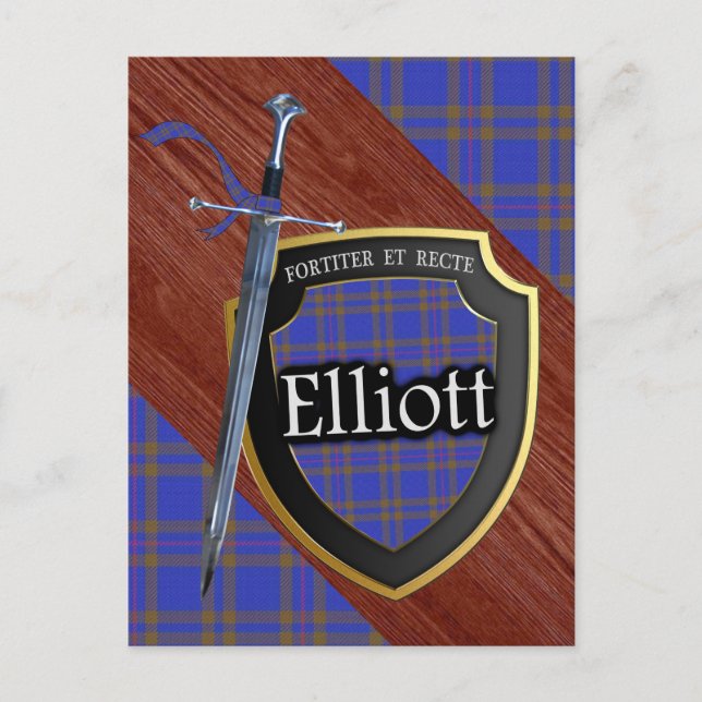 Clan Elliott Tartan Sword & Shield Postcard (Front)