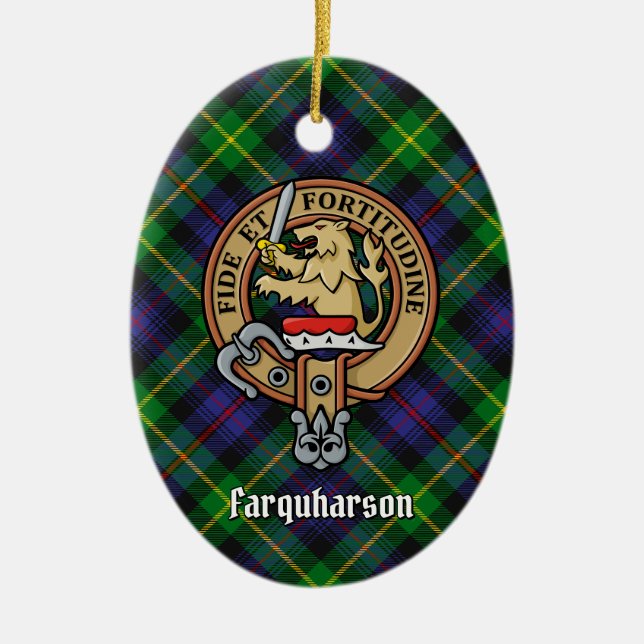 Clan Farquharson Crest over Tartan Ceramic Tree Decoration (Front)