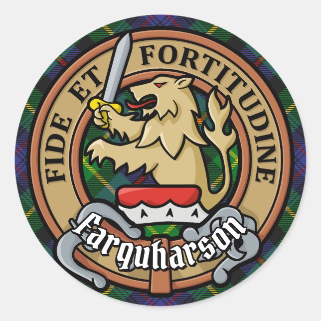 Clan Farquharson Crest over Tartan Classic Round Sticker (Front)