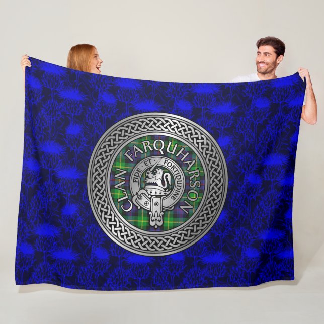 Clan Farquharson Crest & Tartan Knot Fleece Blanket (In Situ)