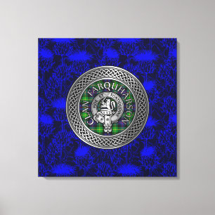Clan Farquharson Crest & Tartan Knot on Thistle Canvas Print