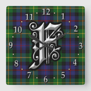 Clan Farquharson Letter F Monogram Tartan Square Wall Clock