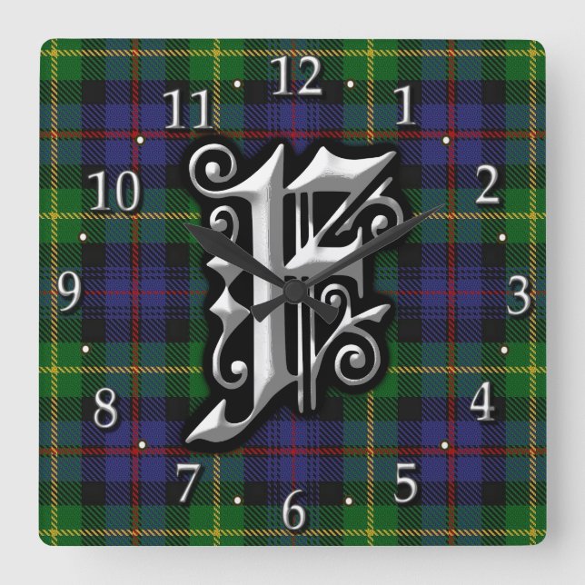 Clan Farquharson Letter F Monogram Tartan Square Wall Clock (Front)