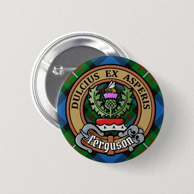 Clan Ferguson Crest over Tartan 6 Cm Round Badge (Front & Back)