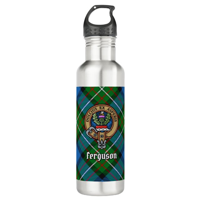 Clan Ferguson Crest over Tartan 710 Ml Water Bottle (Front)