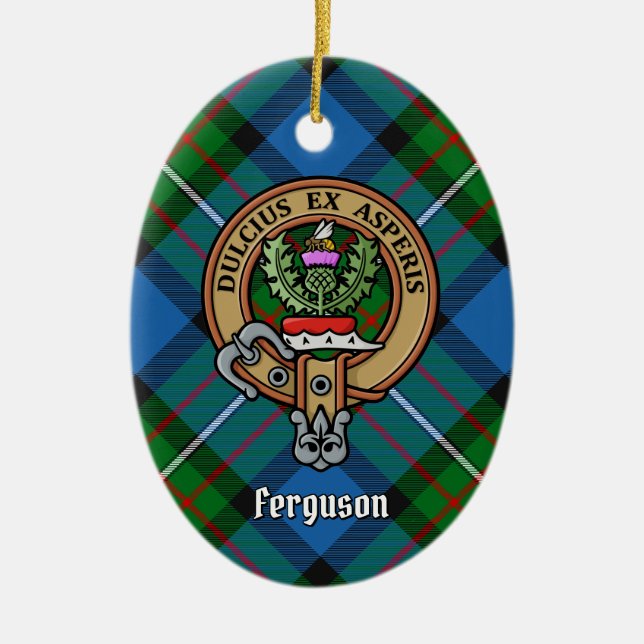 Clan Ferguson Crest over Tartan Ceramic Ornament (Front)