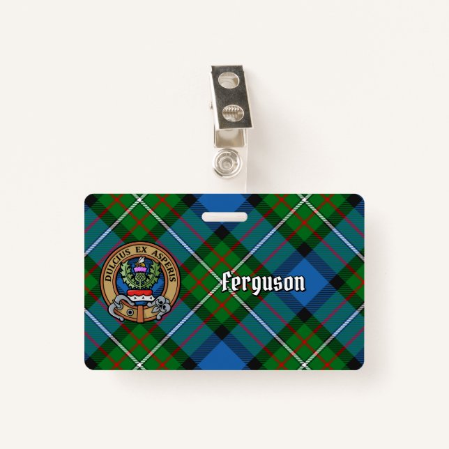 Clan Ferguson Crest over Tartan ID Badge (Front with Clip)