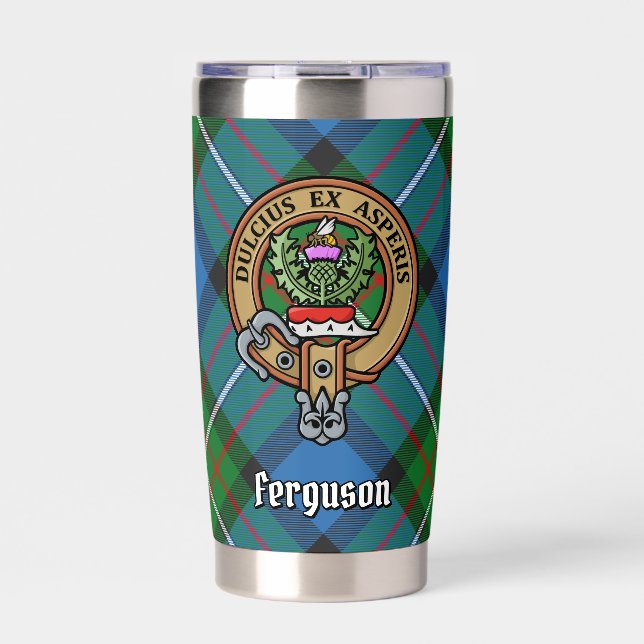 Clan Ferguson Crest over Tartan Insulated Tumbler (Front)