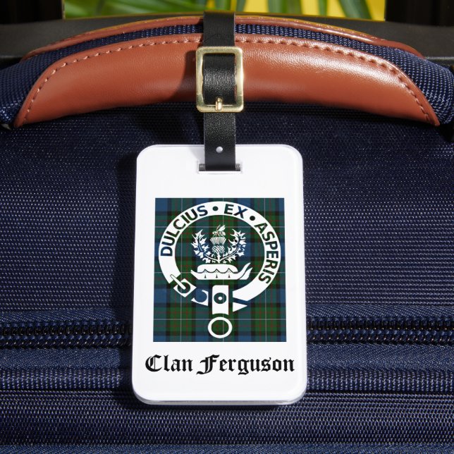 Clan Ferguson Crest Tartan Luggage Tag (Front Insitu 2)