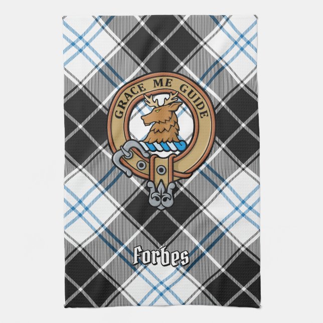 Clan Forbes Crest over Dress Tartan Tea Towel (Vertical)