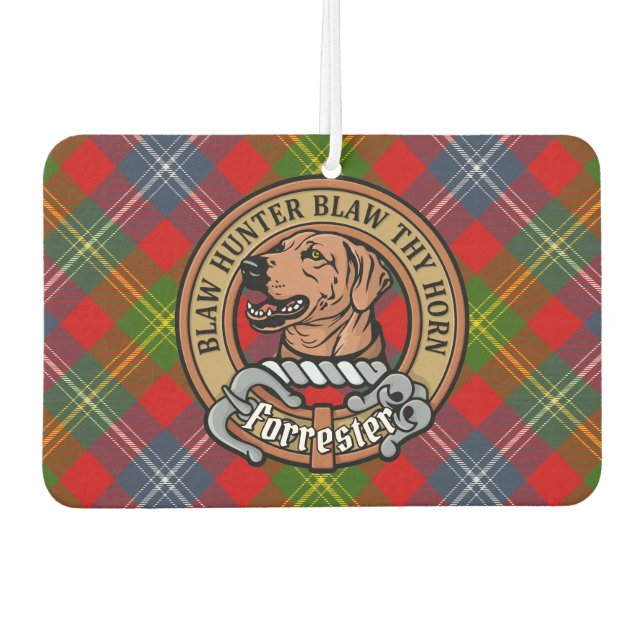 Clan Forrester Crest over Tartan Car Air Freshener (Front)