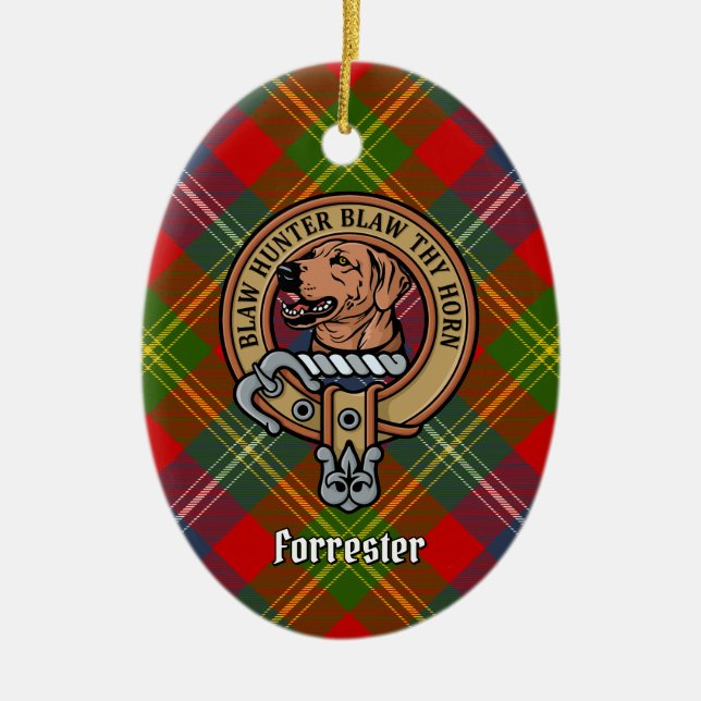 Clan Forrester Crest over Tartan Ceramic Tree Decoration (Front)