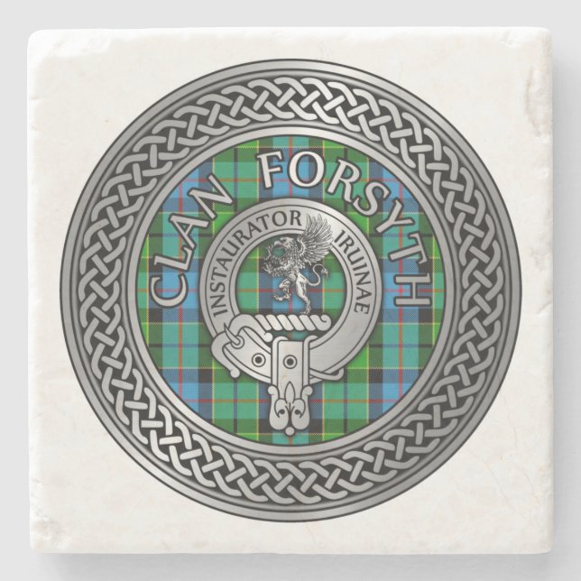Clan Forsyth Crest & Tartan Knot Stone Coaster (Front)