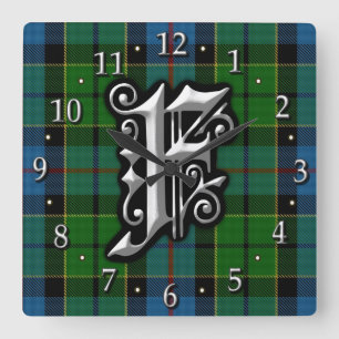 Clan Forsyth Forsythe Letter F Monogram Tartan Square Wall Clock