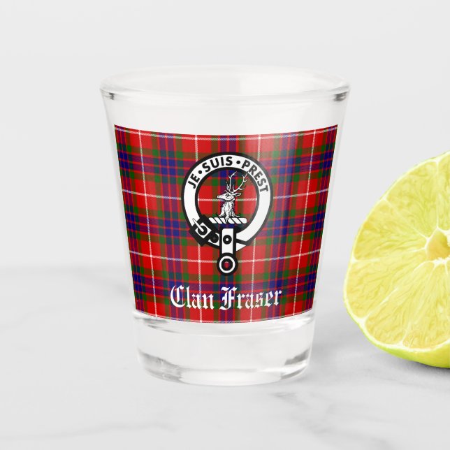 Clan Fraser Crest Badge and Tartan  Shot Glass (Front)