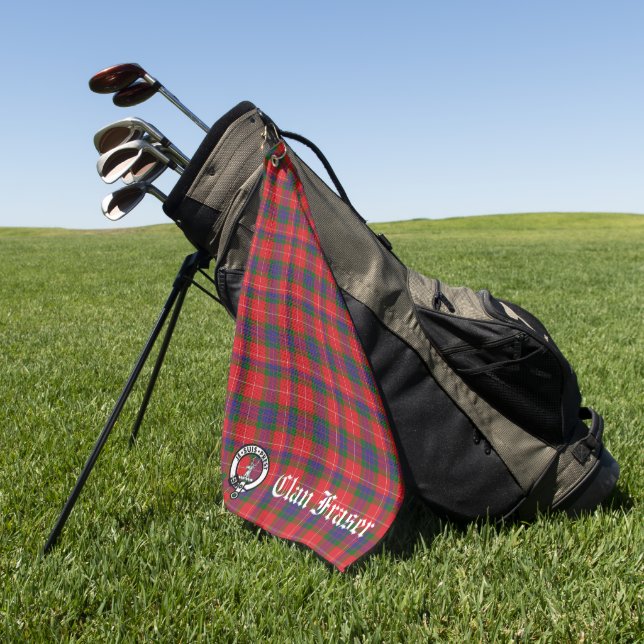 Clan Fraser Crest Badge & Tartan Customisable  Golf Towel (Green)