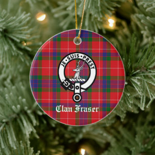 Clan Fraser Crest Badge & Tartan Customizable Ceramic Tree Decoration