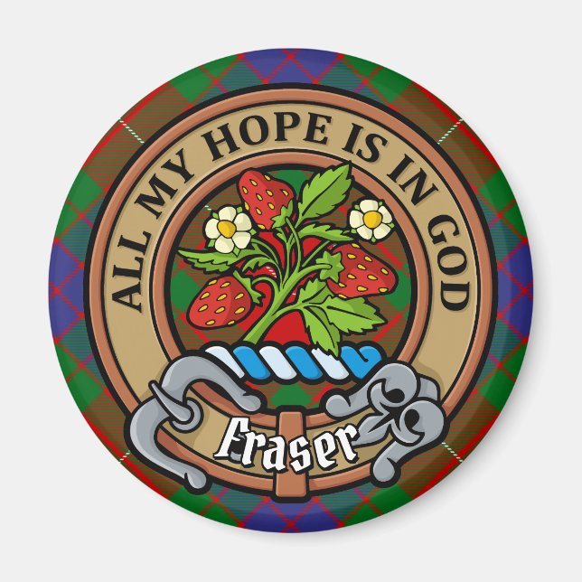 Clan Fraser Crest over Tartan Magnet (Front)