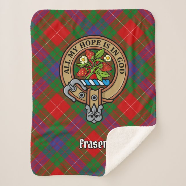 Clan Fraser Crest over Tartan Sherpa Blanket (Front)