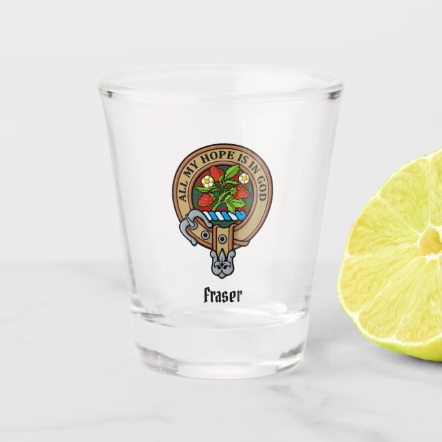 Clan Fraser Crest over Tartan Shot Glass (Front)