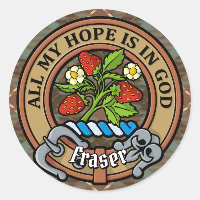 Clan Fraser Crest over Weathered Hunting Tartan Classic Round Sticker (Front)