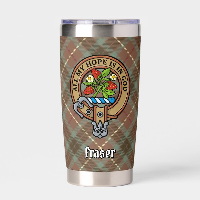 Clan Fraser Crest over Weathered Hunting Tartan Insulated Tumbler (Front)