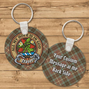 Clan Fraser Crest over Weathered Hunting Tartan Key Ring