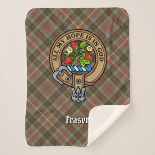 Clan Fraser Crest over Weathered Hunting Tartan Sherpa Blanket