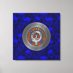 Clan Fraser Crest & Tartan Knot on Thistle Canvas Print