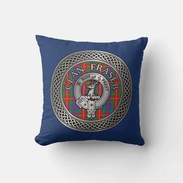 Clan Fraser Crest & Tartan Knot Throw Pillow (Front)