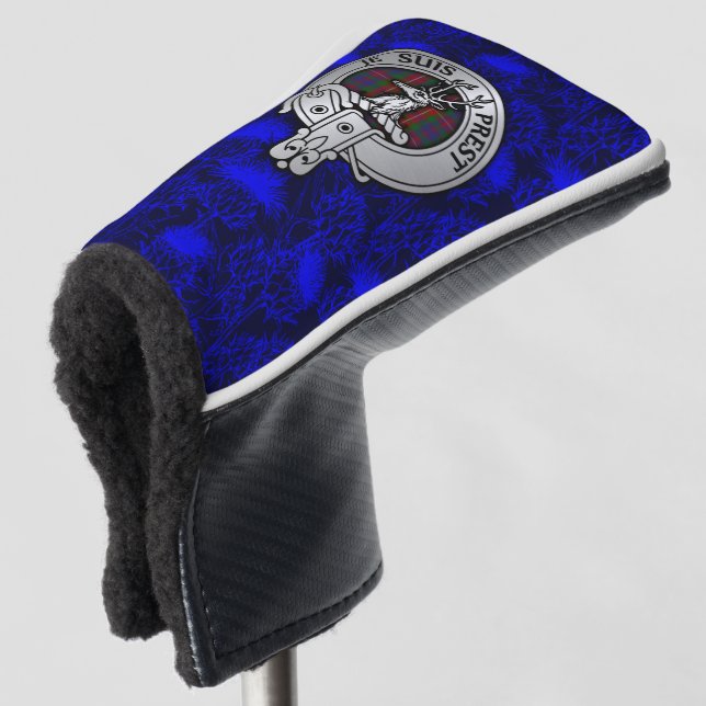 Clan Fraser Crest & Tartan on Thistle Golf Head Cover (3/4 Front)