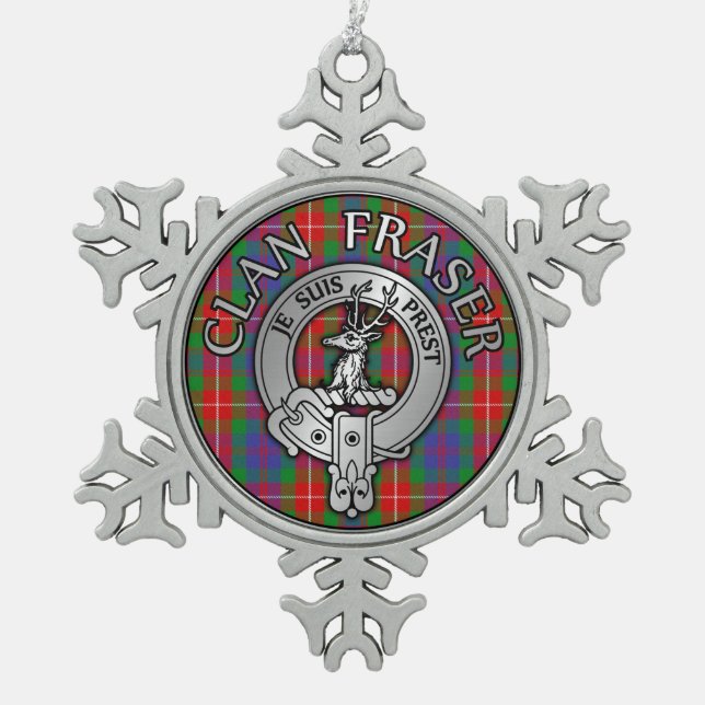 Clan Fraser Crest & Tartan Snowflake Pewter Christmas Ornament (Front)