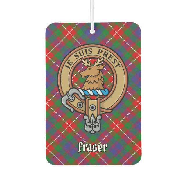 Clan Fraser of Lovat Crest over Tartan Car Air Freshener (Front)