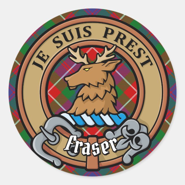 Clan Fraser of Lovat Crest over Tartan Classic Round Sticker (Front)